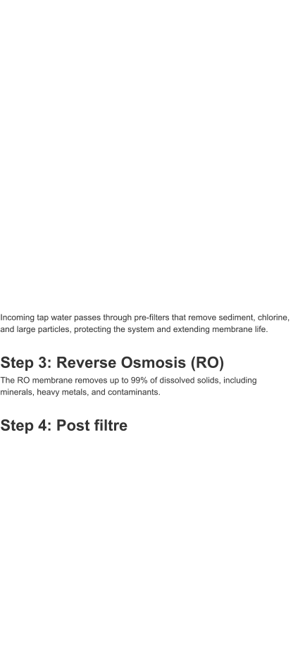 Incoming tap water passes through pre-filters that remove sediment, chlorine, and large particles, protecting the system and extending membrane life.  Step 3: Reverse Osmosis (RO) The RO membrane removes up to 99% of dissolved solids, including minerals, heavy metals, and contaminants.  Step 4: Post filtre